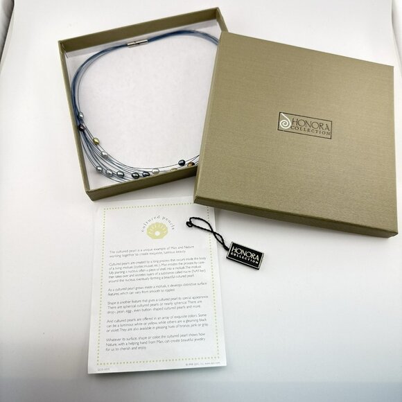 Honora Pearl Necklace Illusion Wire Blue Multi Color Gray Multi Strand Box - Picture 15 of 15